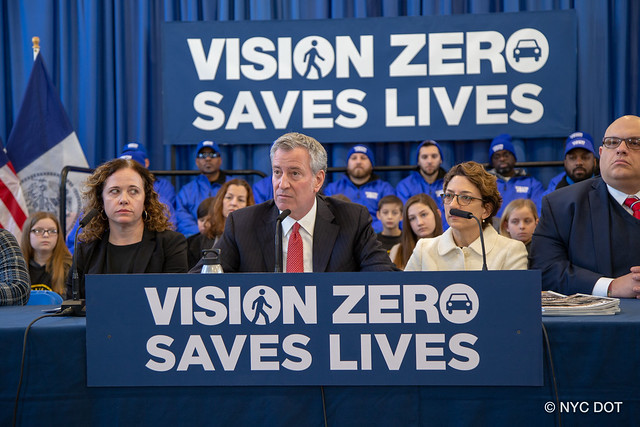 Mayor Bill de Blasio and DOT Commissioner Polly Trottenberg during a Vision Zero press conference earlier this year
