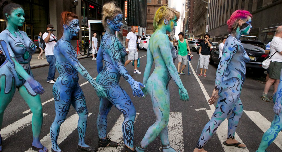 NSFW Photos: Nude Models (In Body Paint) Swarm Times Square.