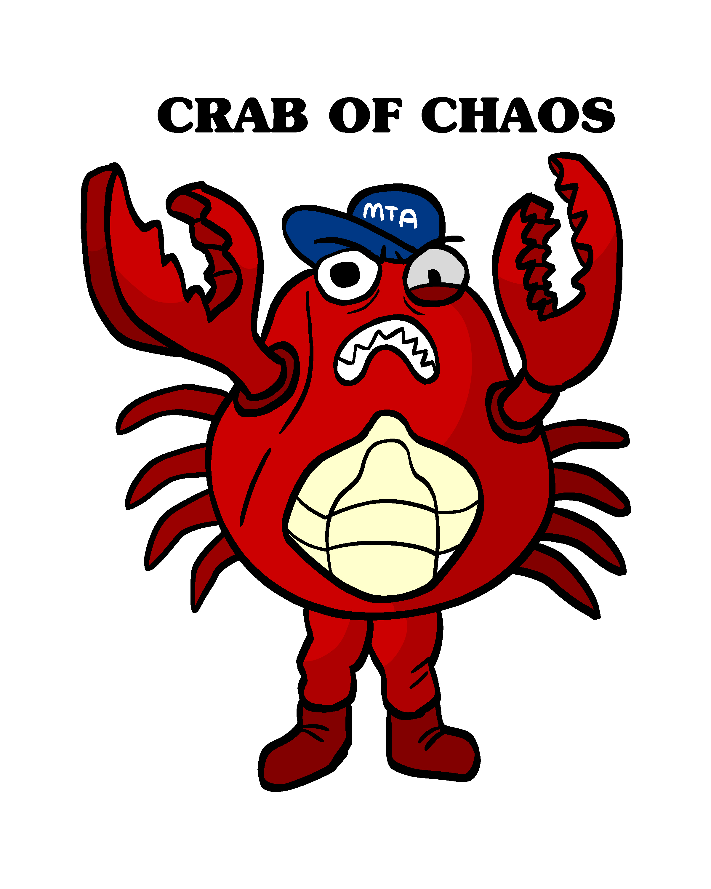 An illustration of Crab Of Chaos, a very angry crab wearing an MTA hat