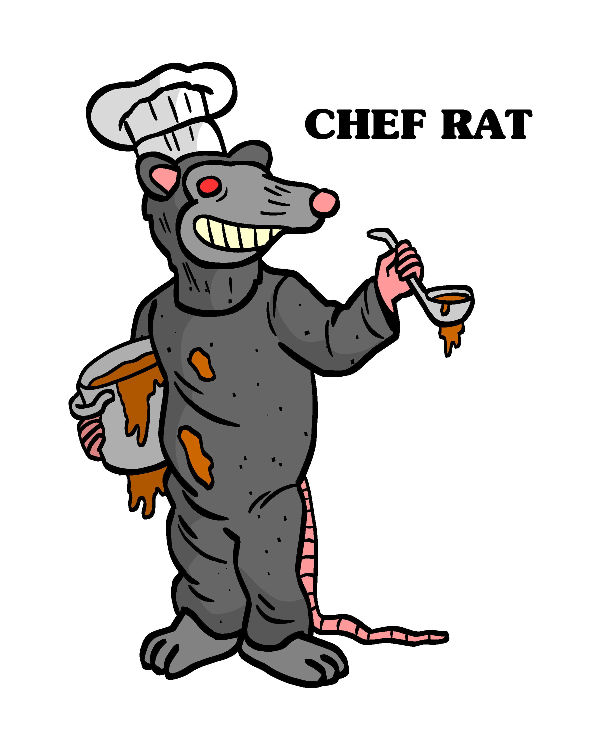 An illustration of Chef Rat, a rat in a chef's hat holding a ladle and bowl of rat soup