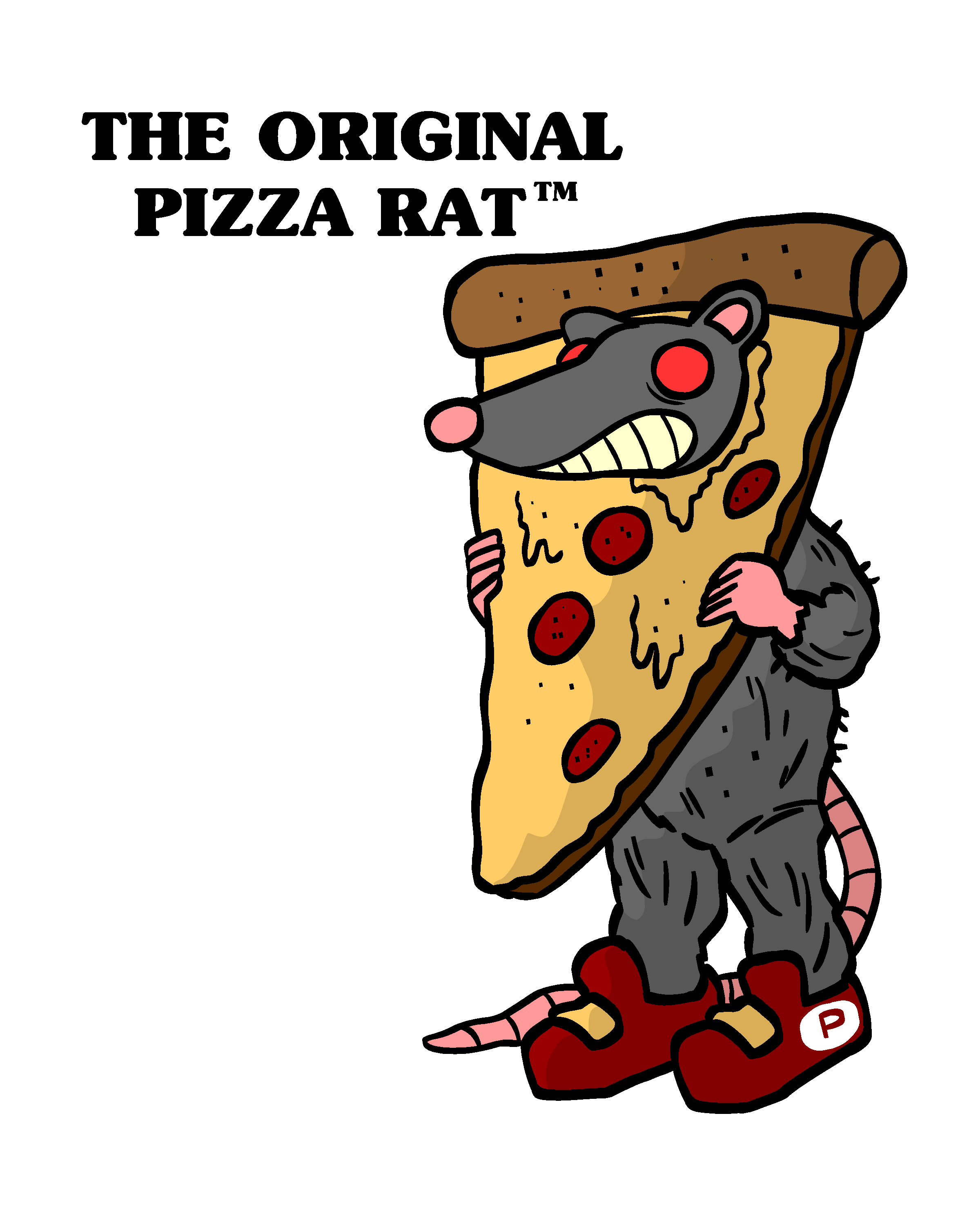 An illustration of The Original Pizza Rat™, a rat whose head is bursting through a pizza slice