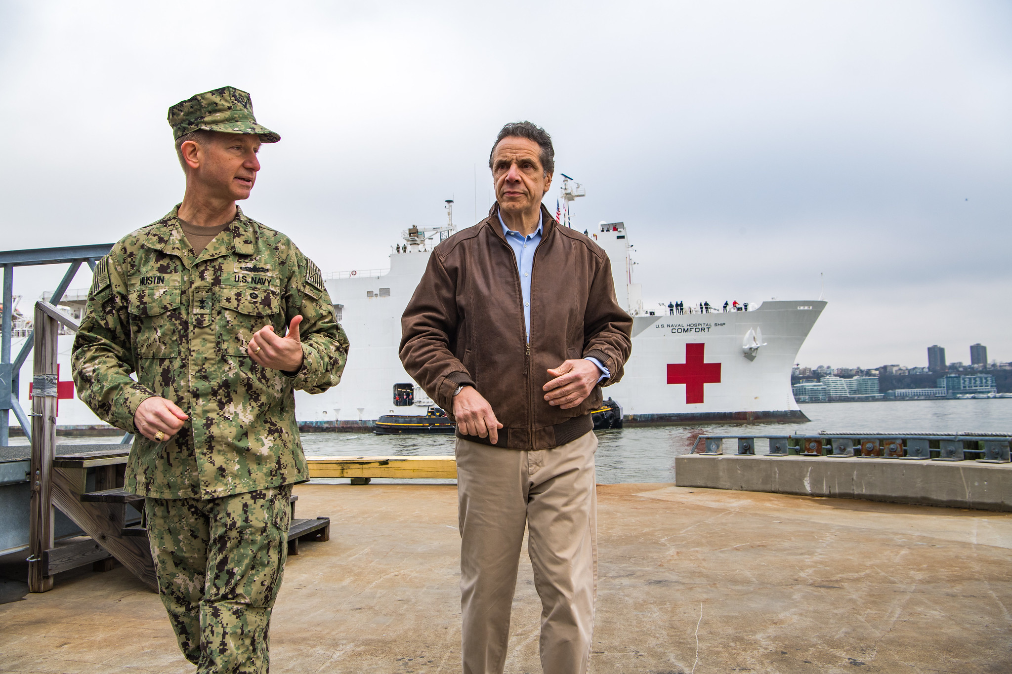 Governor Cuomo greets the arrival of the Navy hospital ship Comfort in New York harbor.