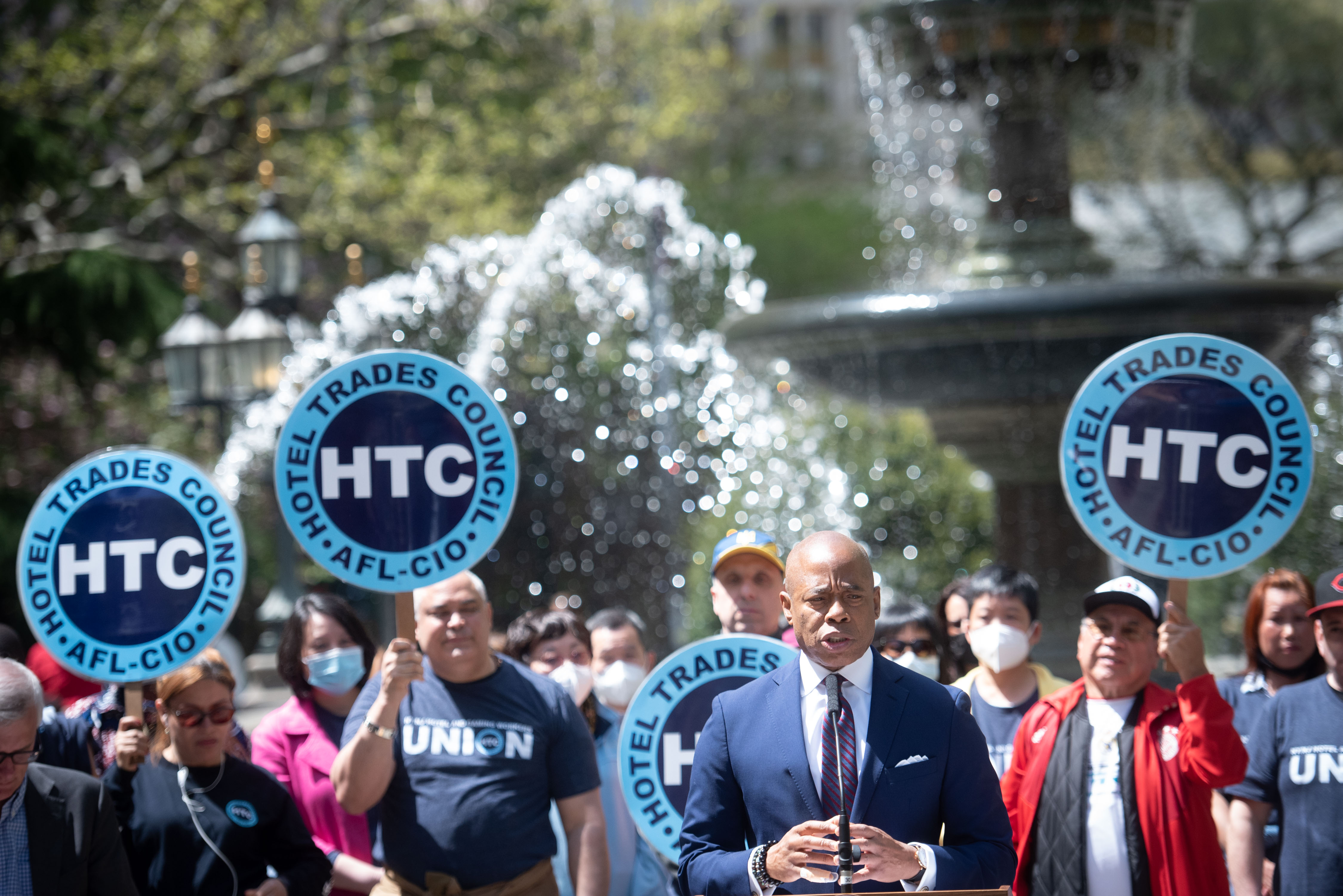 Mayor Eric Adams holds a press conference to discuss affordable and supportive housing in City Hall Park on May 1st, 20222.