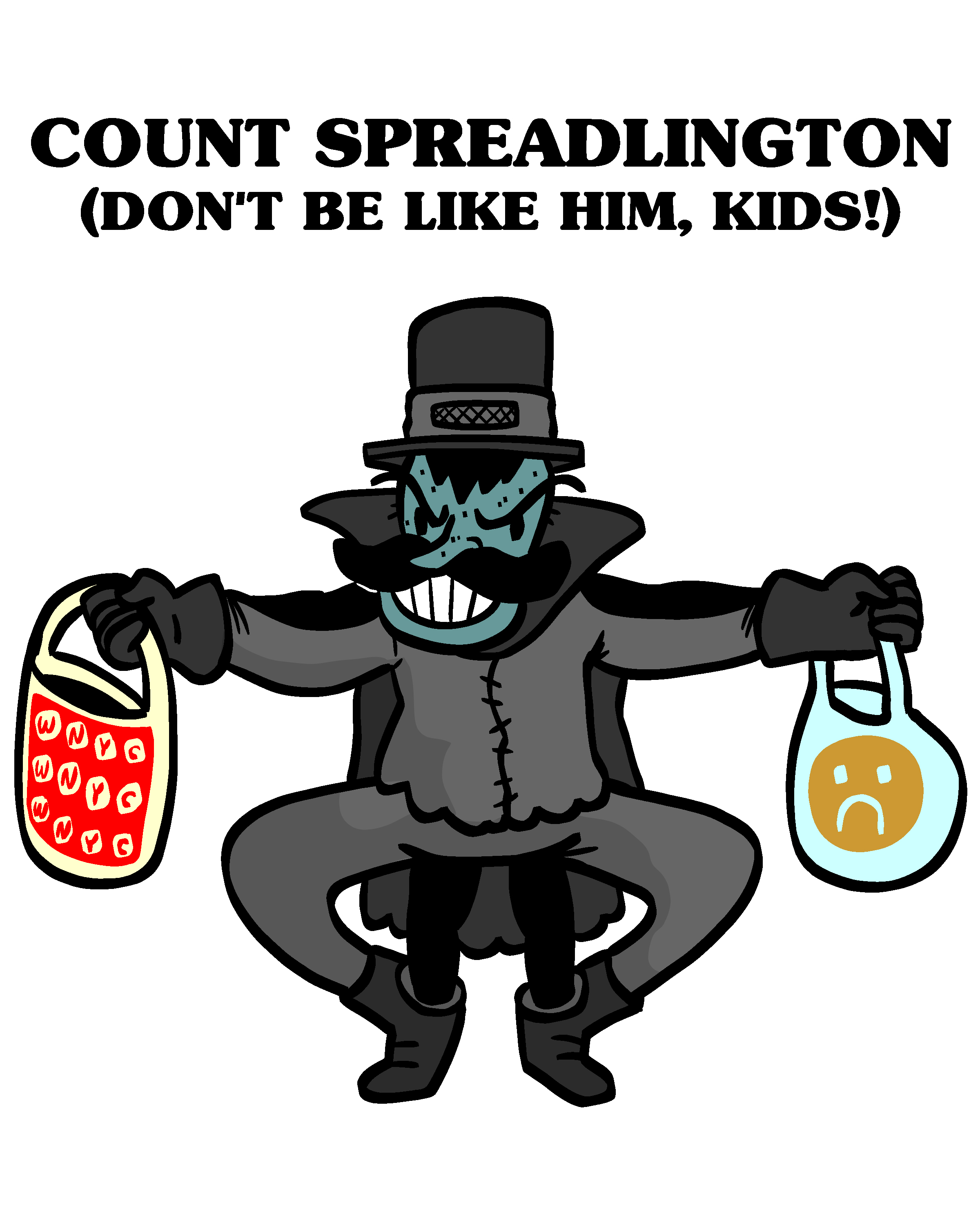 An illustration of Count Spreadlington, a manspreading villain with an evil mustache
