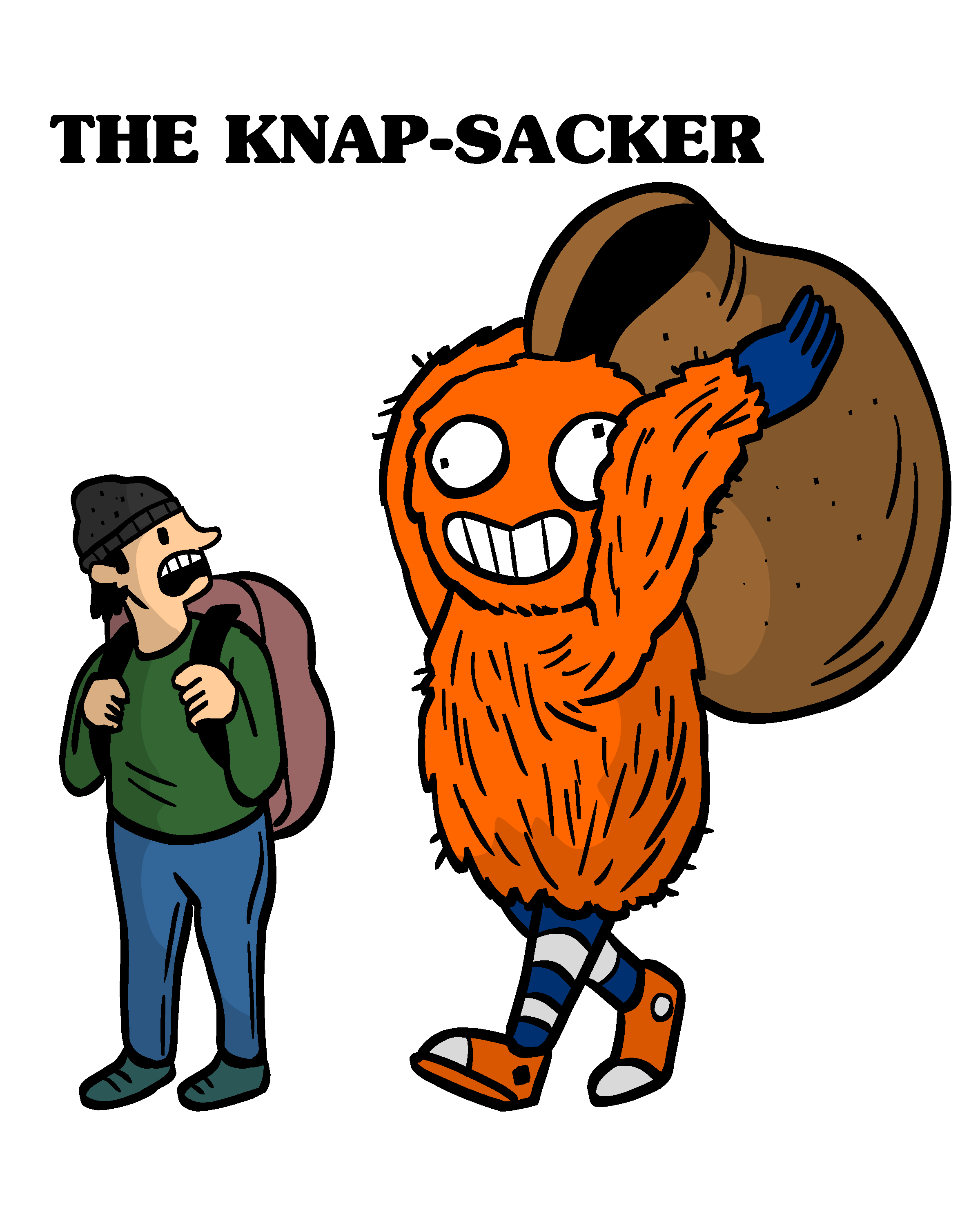 An illustration of The Knap-Sacker, an orange monster carrying a giant sack