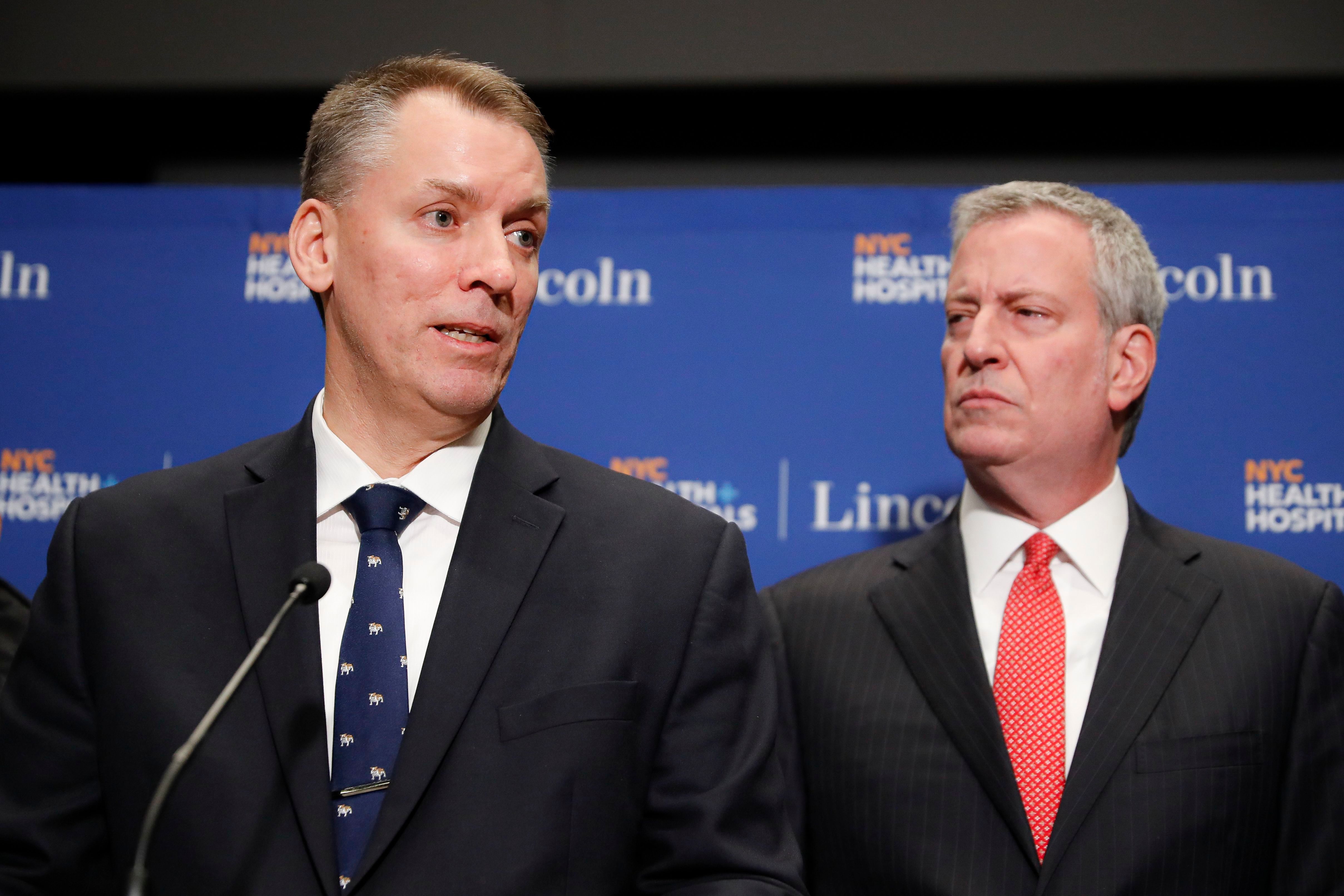 NYPD Commissioner Dermot Shea and Mayor Bill de Blasio at a press conference in February.