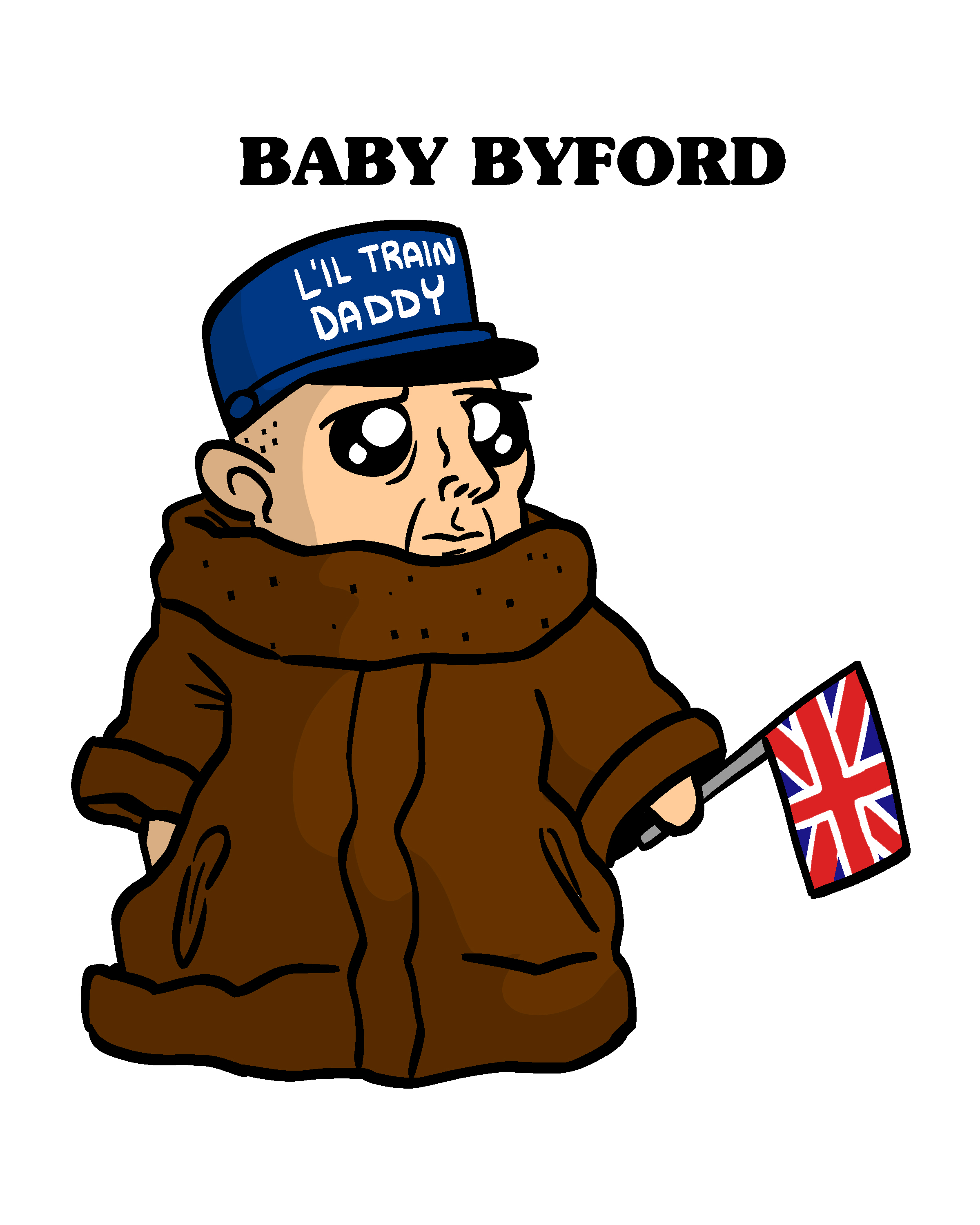 An illustration of Baby Byford, who looks like Baby Yoda but more British