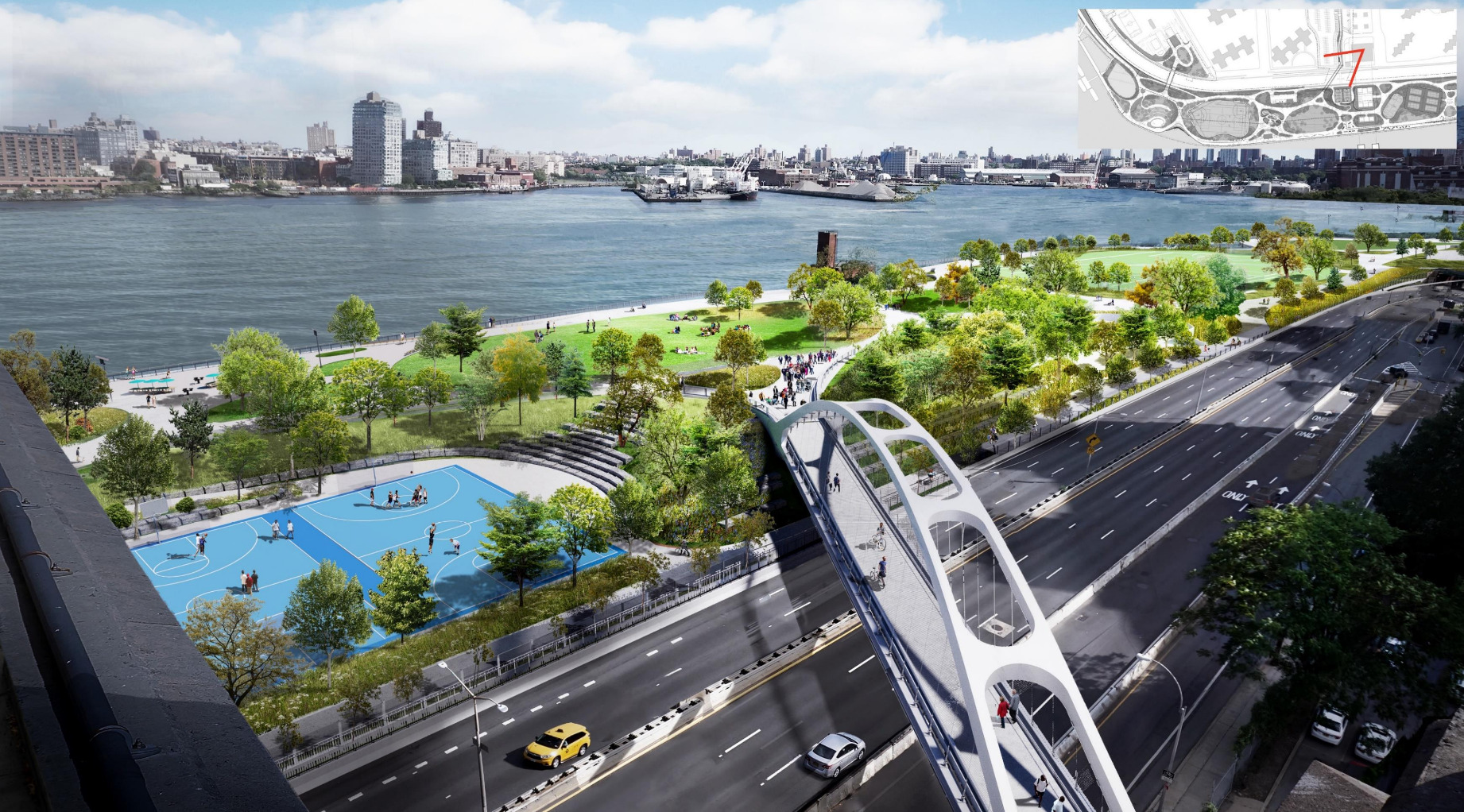 A slide from the city's previous plan showing a rendering of a new Delancey Street Bridge into an improved East River Park.