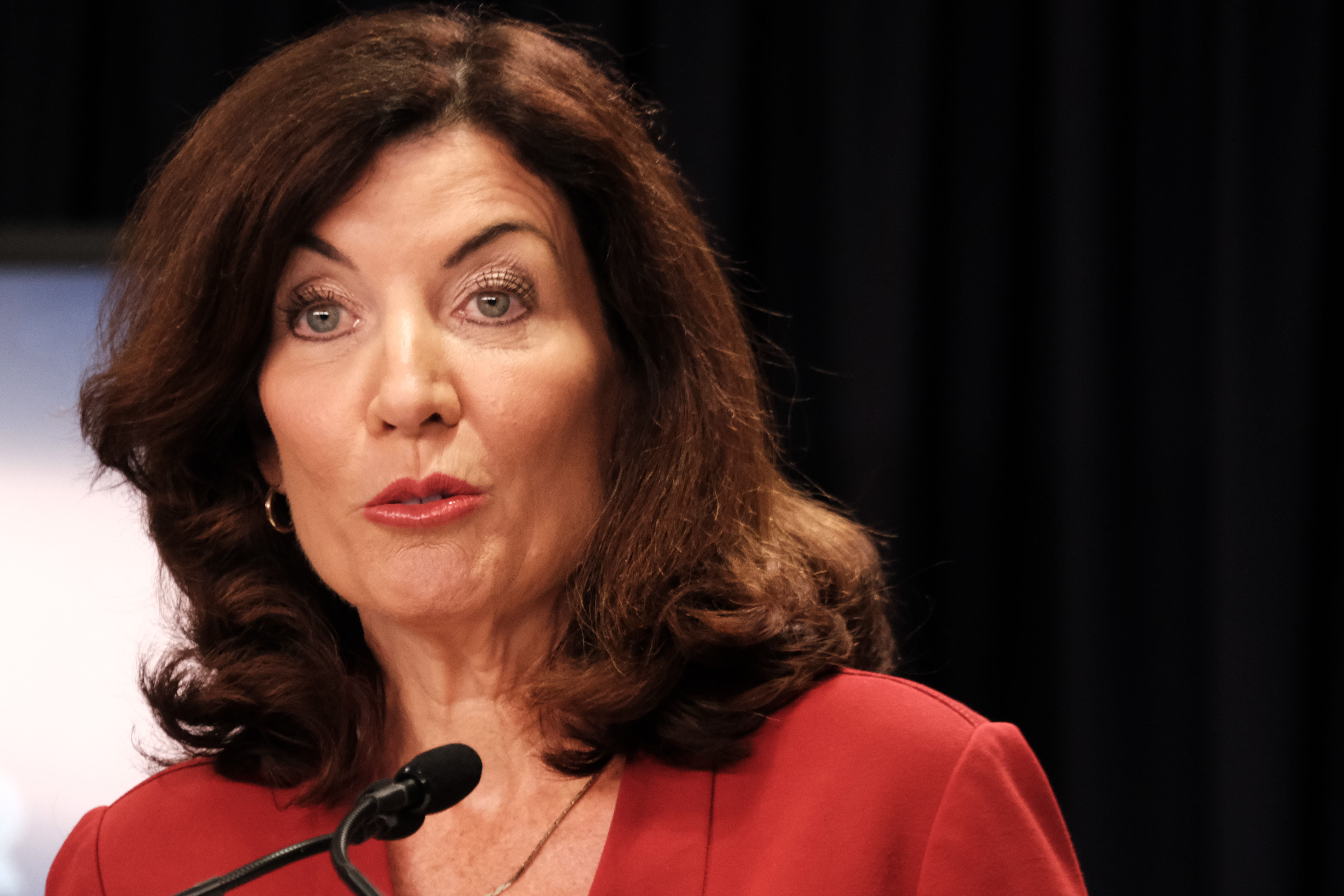 New York Governor Kathy Hochul speaking at a news conference on Wednesday.
