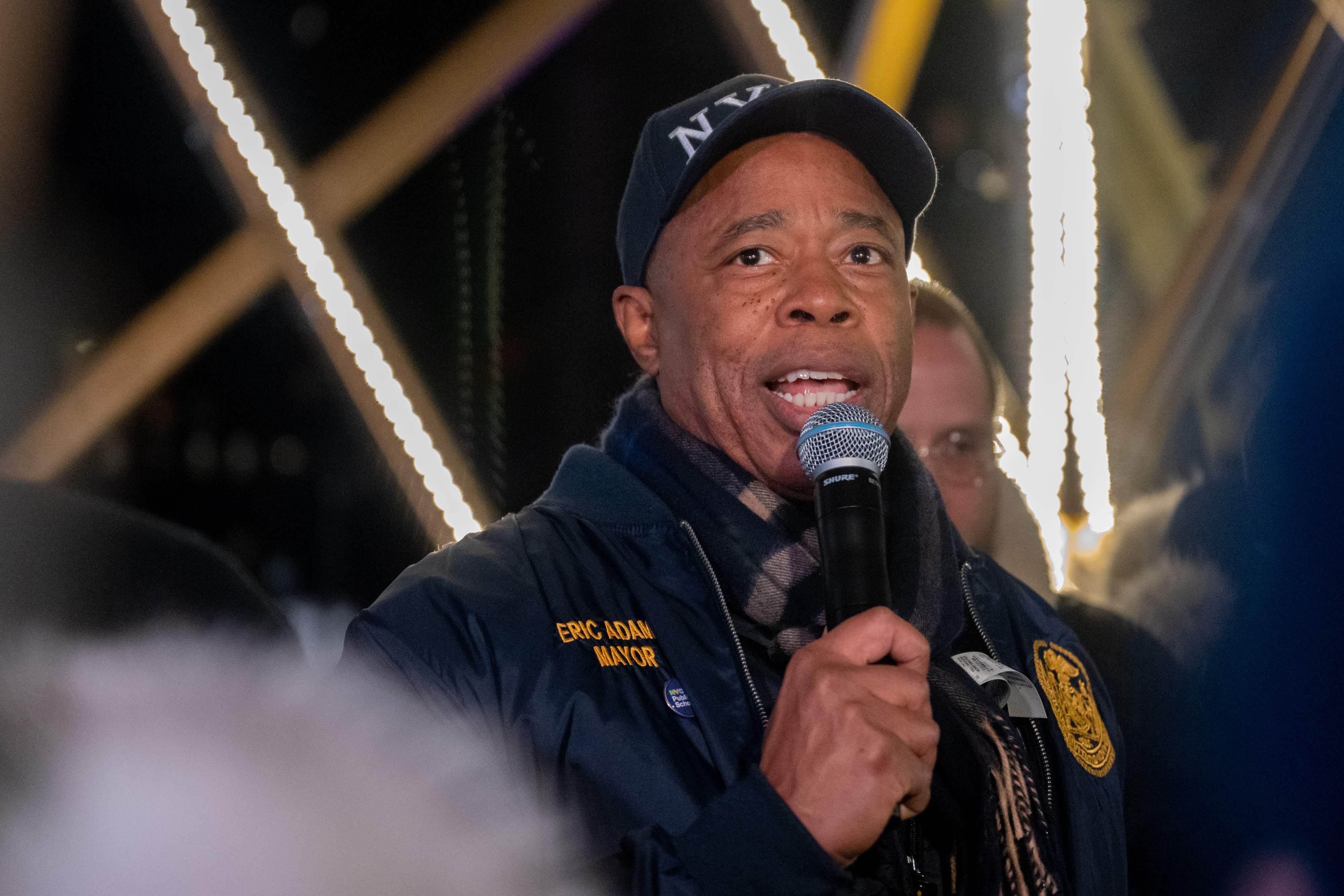 Mayor Eric Adams speaks before the world's largest Hanukkah Menorah is lit on the first night of Hannukah at Grand Army Plaza on Dec. 18.