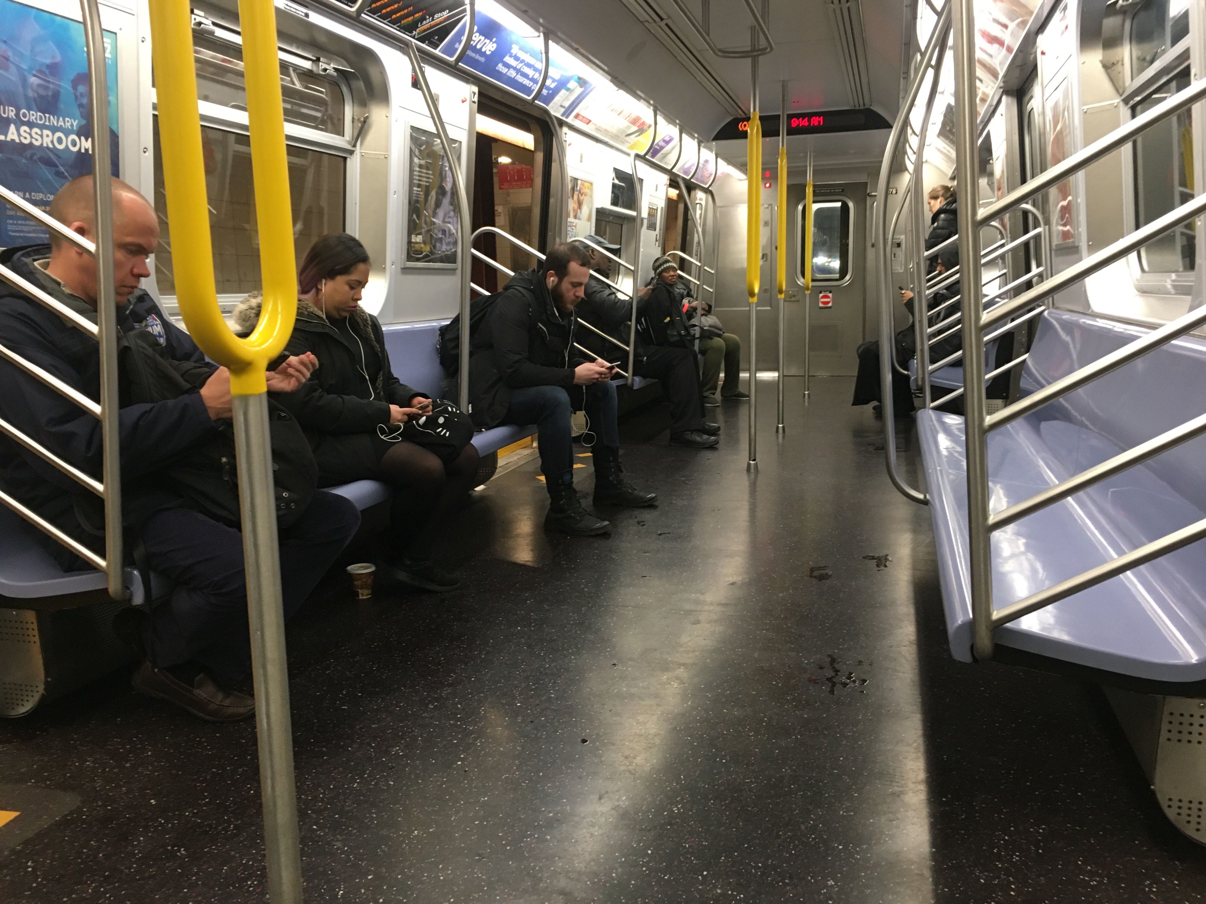 A mostly empty subway train in NYC on Friday, March 13th 2020.