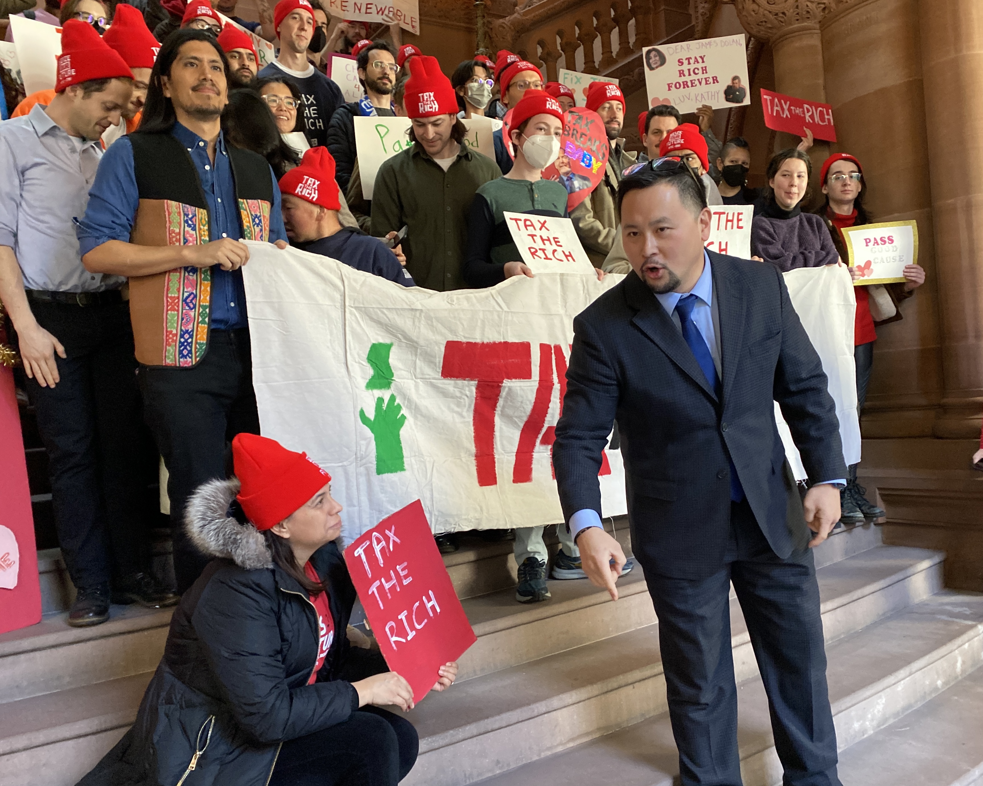Assemblymember Ron Kim, D-Queens, speaks at a Tax the Rich rally at the state Capitol in Albany.