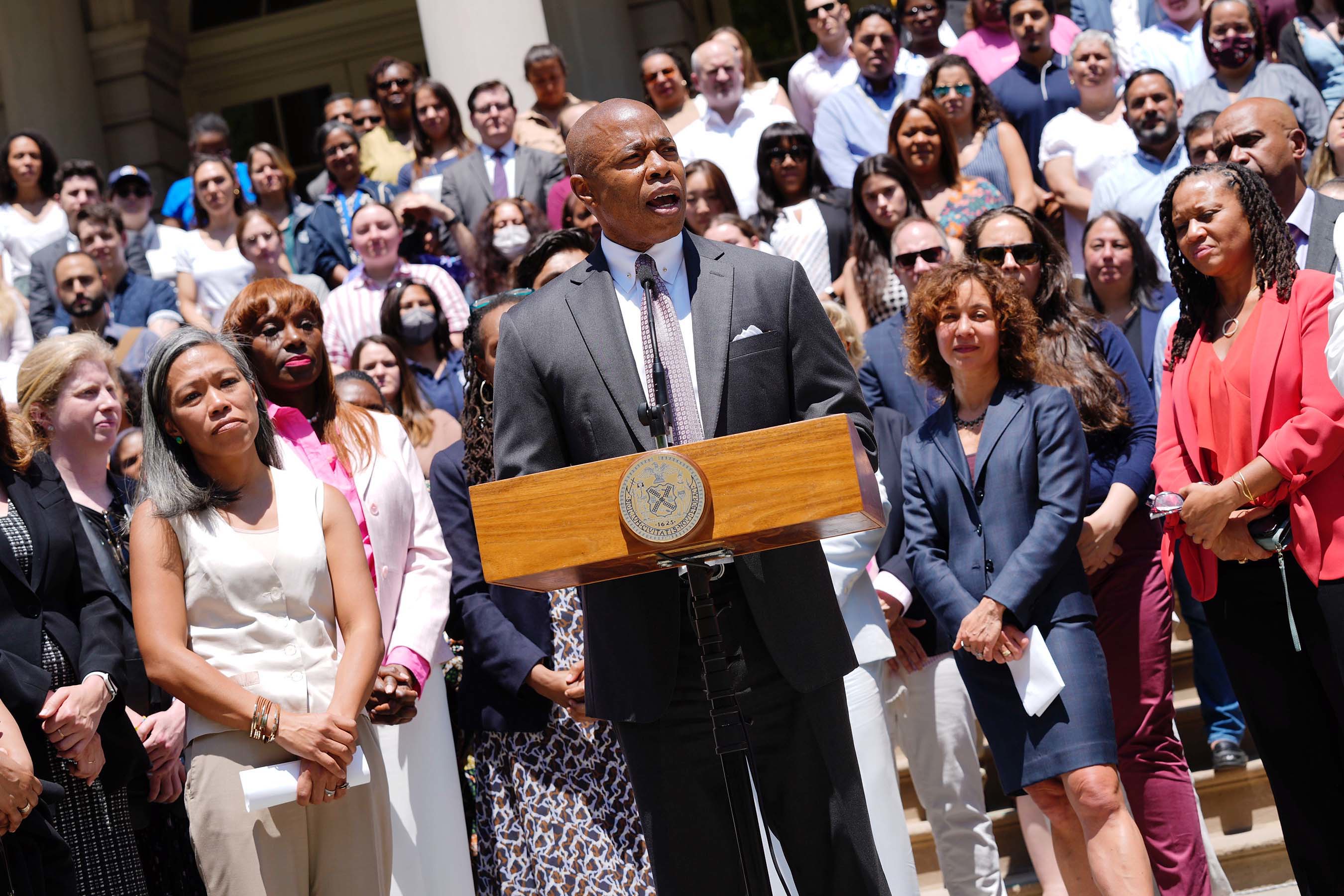 Mayor Adams and women leaders at City Hall decry abortion ruling, sharing personal stories