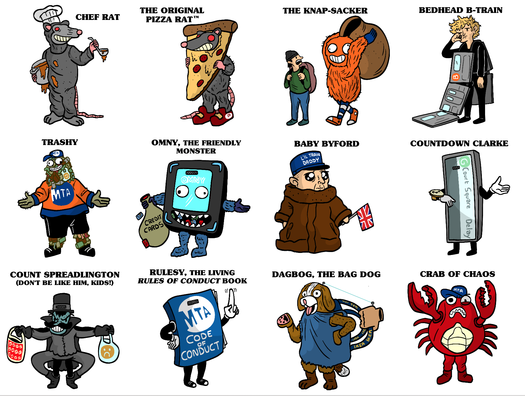 An illustration of 12 subway mascots