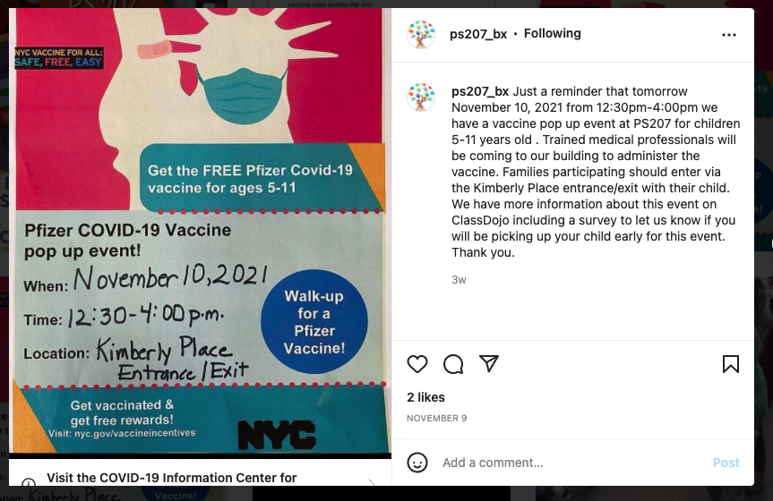 An Instagram post advertising a vaccine clinic at P.S. 207