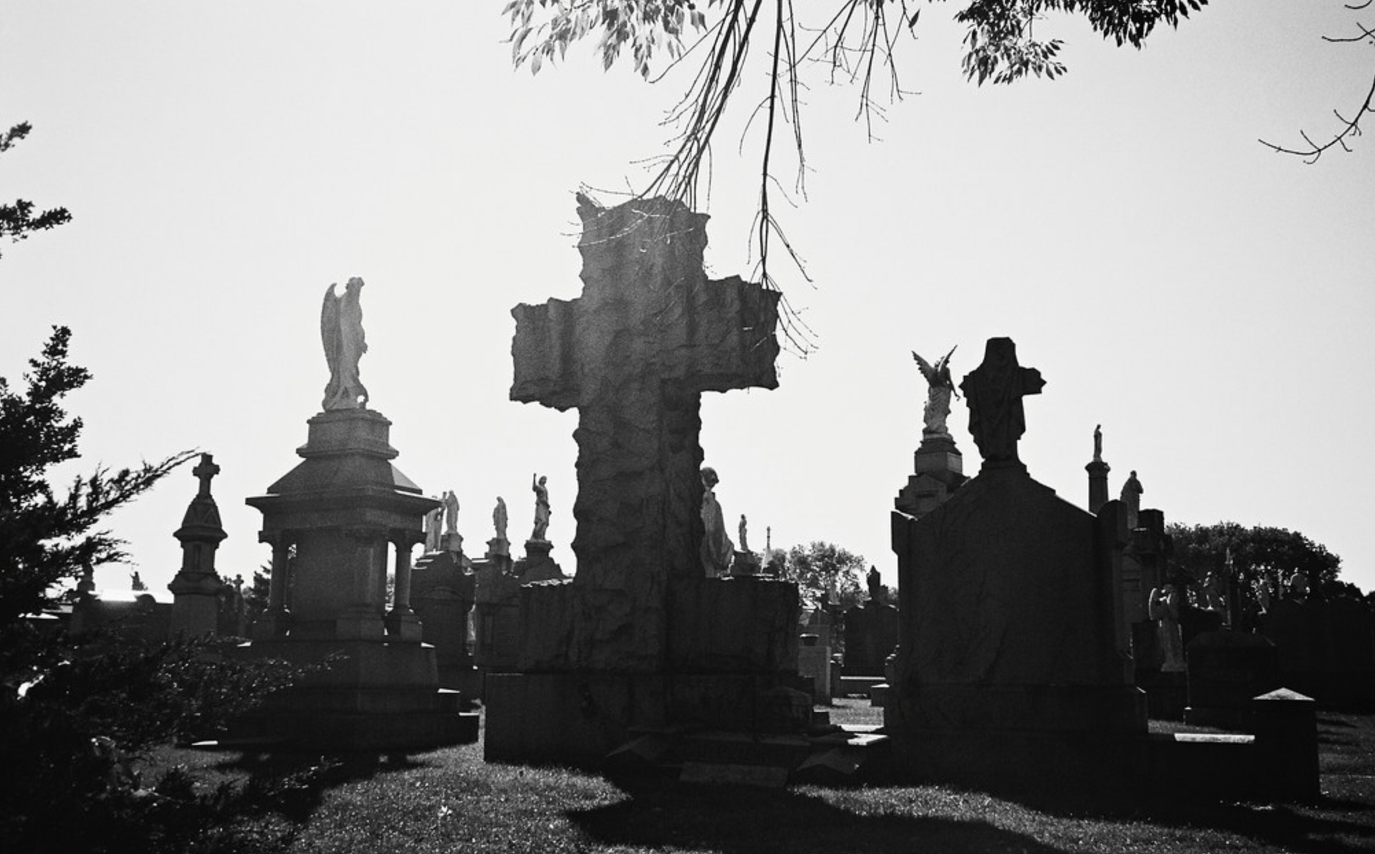 a black and white photo of a cemetery in Queens