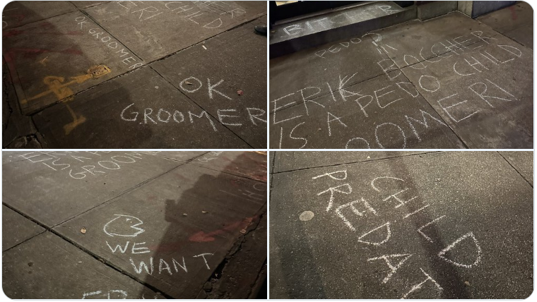 Images of hate speech scrawled across the sidewalk of Councilmember Erik Bottcher's home