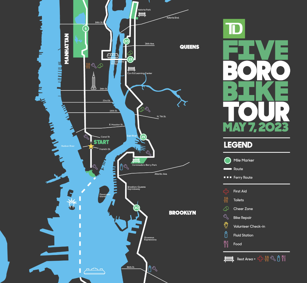 A partial map of the Five Boro Bike Tour