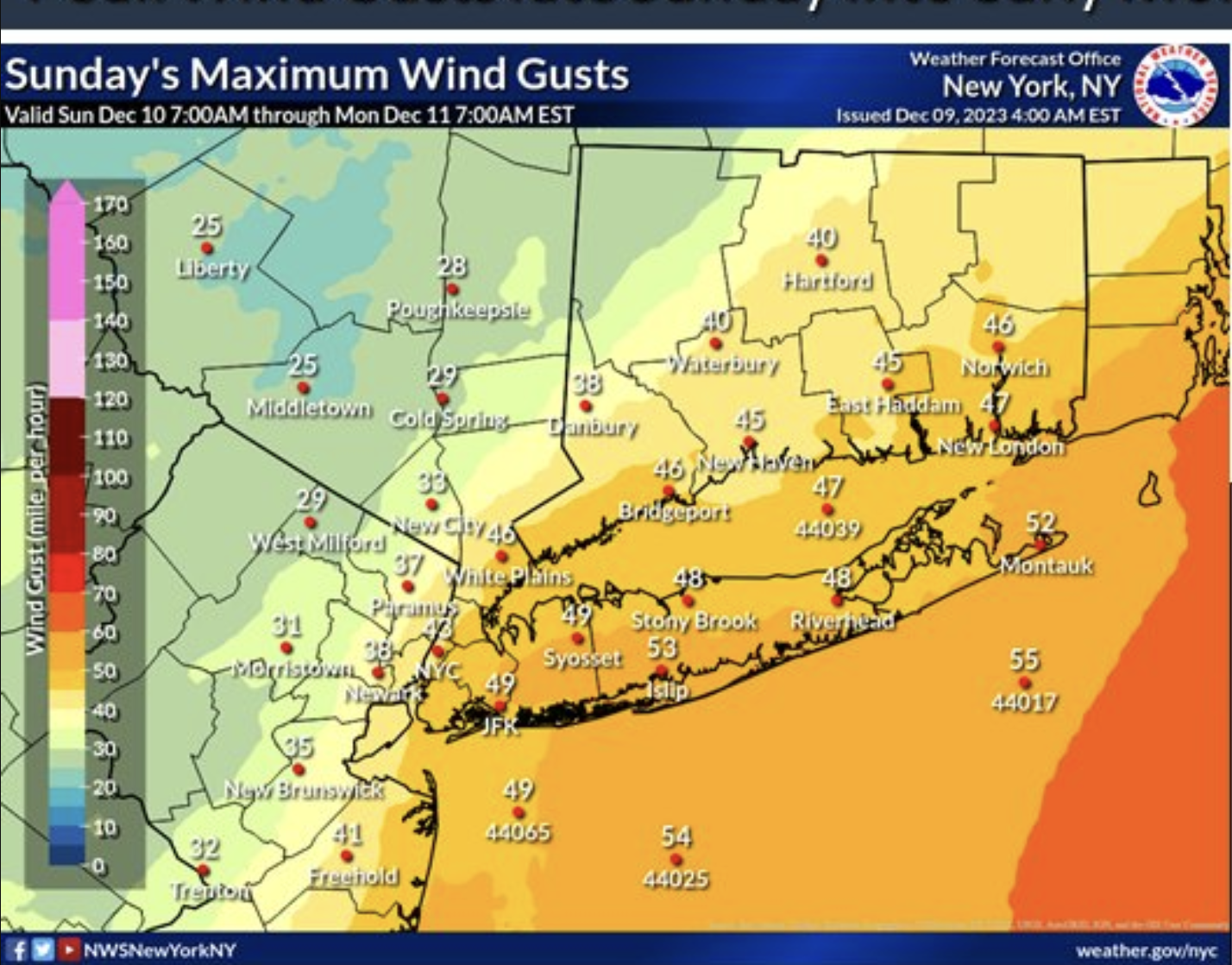 Strong winds, rain headed for NYC are Sunday and into Monday, weather service says