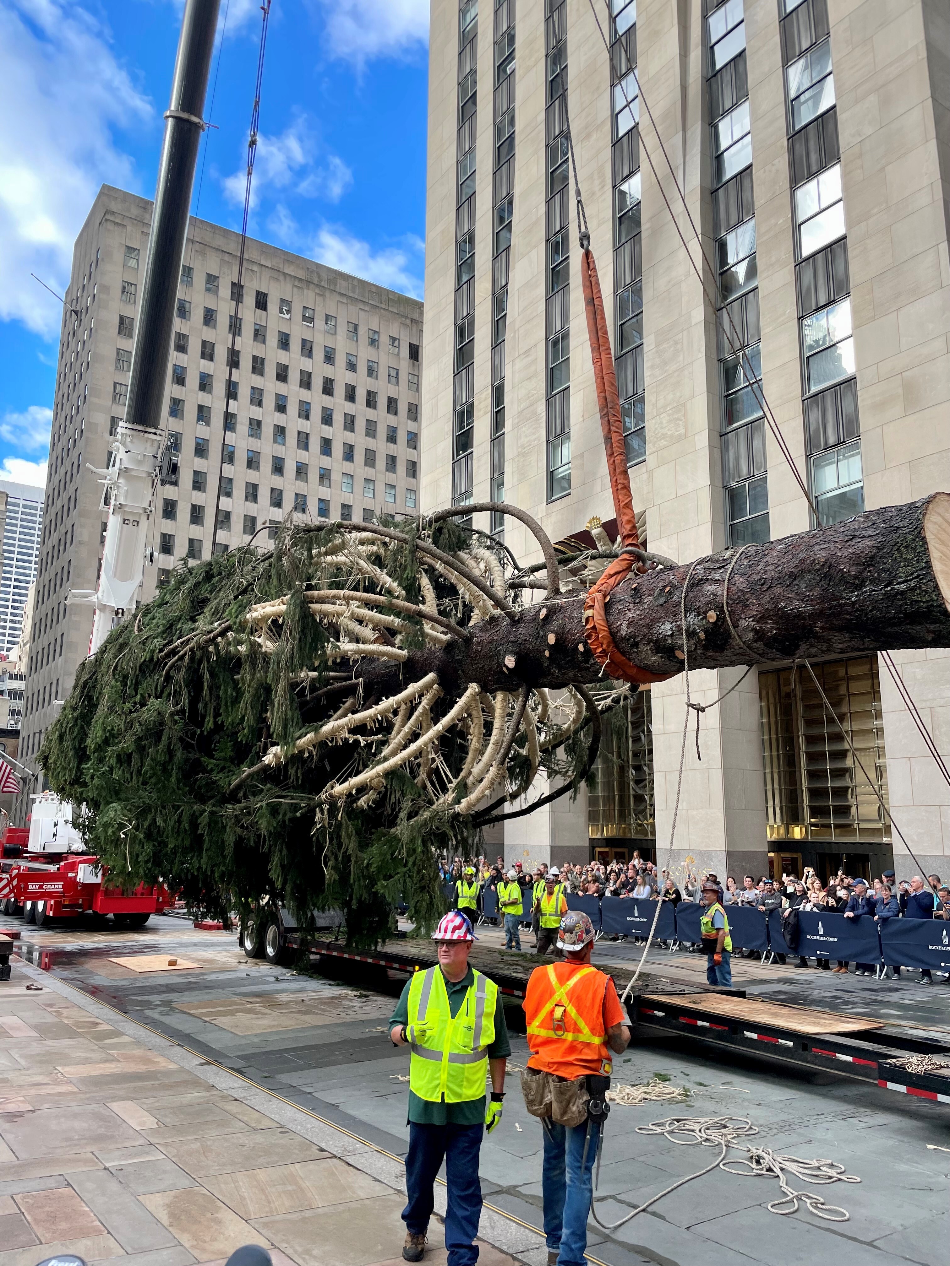 The installation of the Rockefeller Center Christmas Tree.