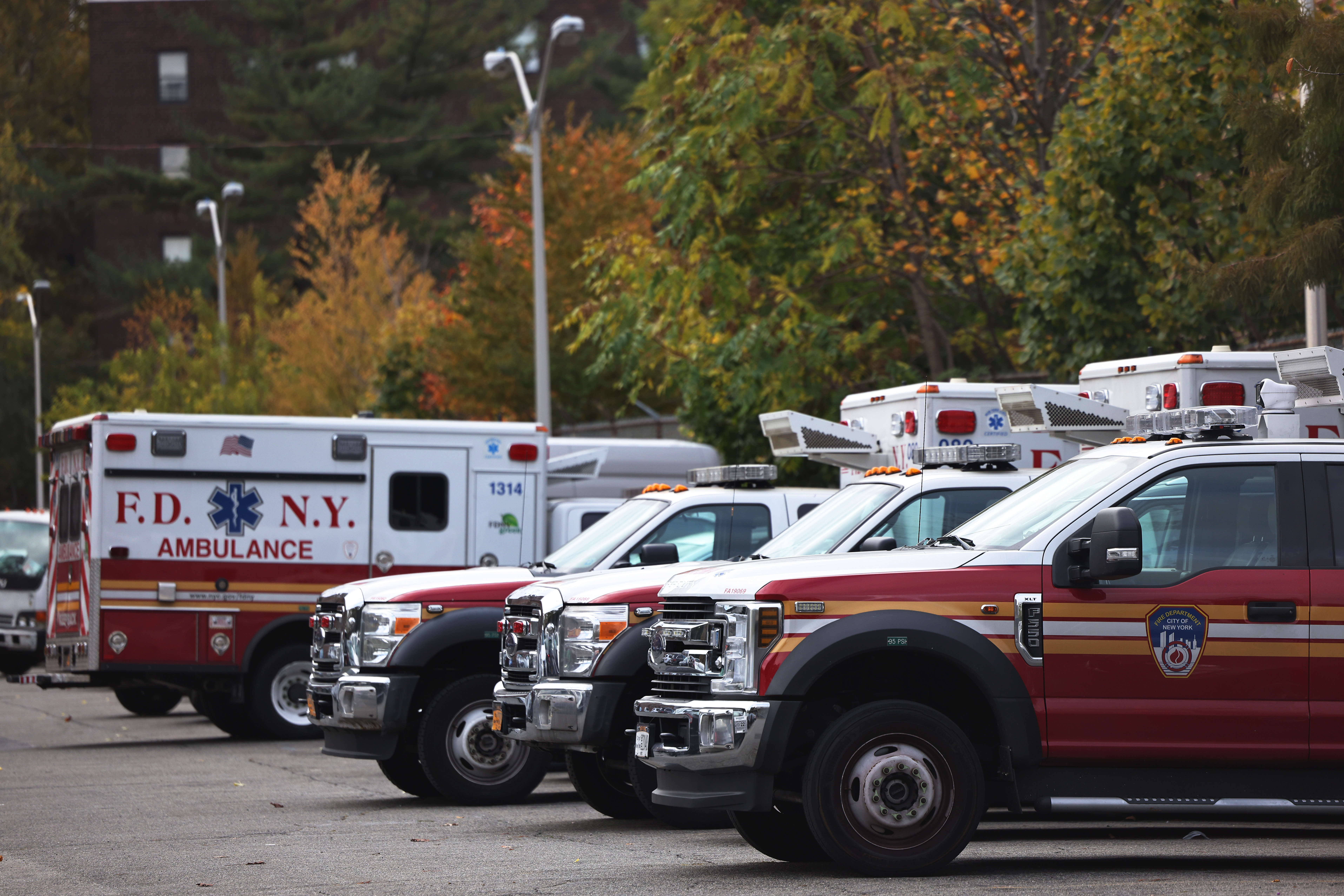 FDNY ambulance trucks are seen parked at NYC Health + Hospitals/Gotham Health parking lot in Fort Greene, Brooklyn. Oct. 29, 2021