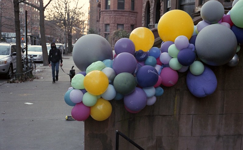 balloons adorn a stoop in New York City