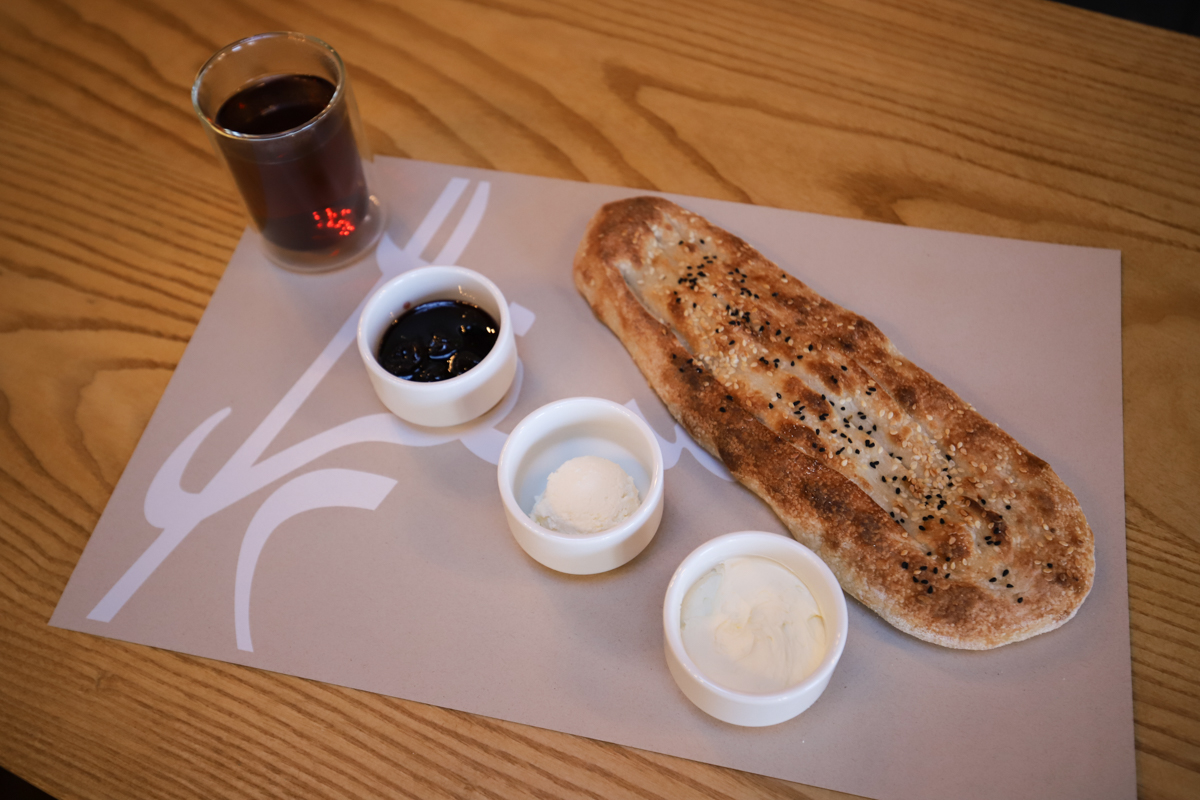 Barbari bread with whipped feta, butter and sour cherry preserve