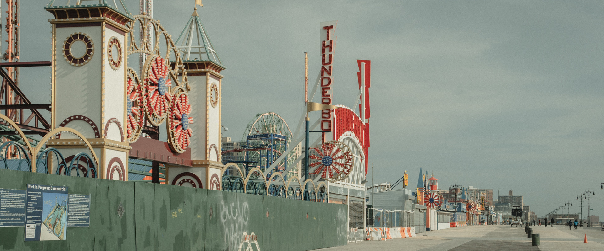 an empty Coney Island boardwalk