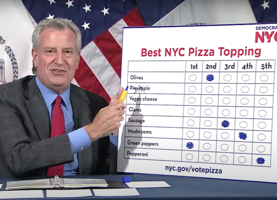 De Blasio Introduces NYC To Ranked Choice Pizza Topping Voting