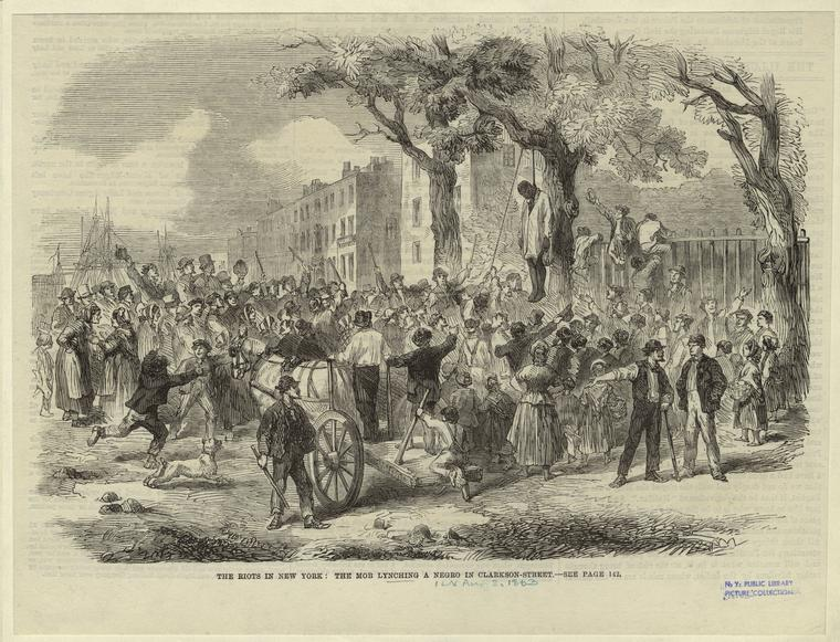 A drawing of a lynching during the riots