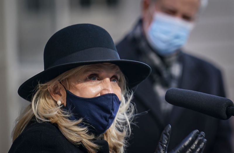 Congresswoman Carolyn Maloney D-NY, left, speaks during a press conference at City Hall, in New York. Members of New York's Congressional delegation and Mayor Bill de Blasio called for swift impeachment of President Donald Trump following the violent siege of the U.S. Capitol by Trump supporters that left five dead.