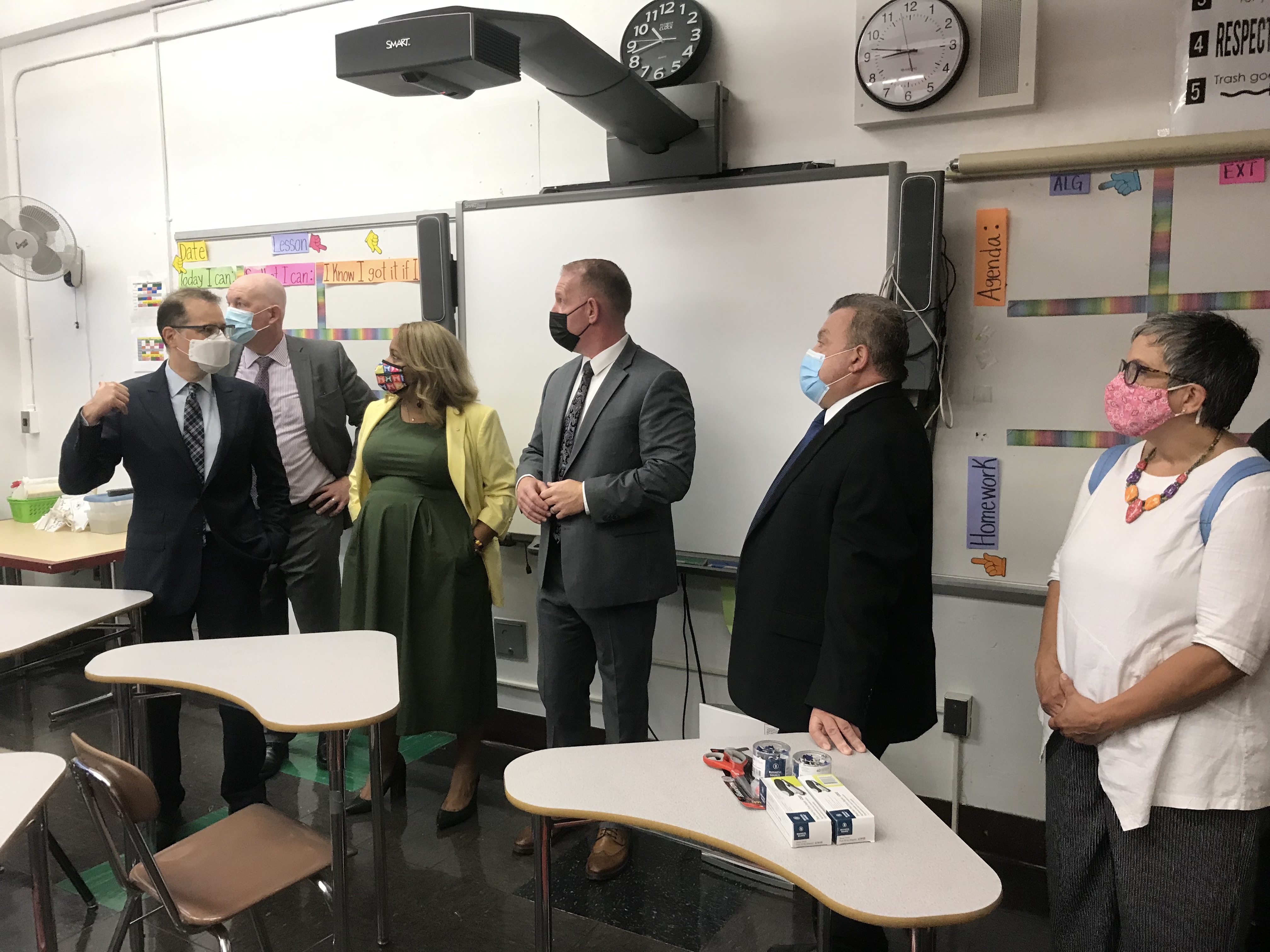 Councilman Mark Levine and NYC Schools Chancellor Meisha Porter get a tour of the safety measures at Murry Bergtraum High School from school facilities officials.