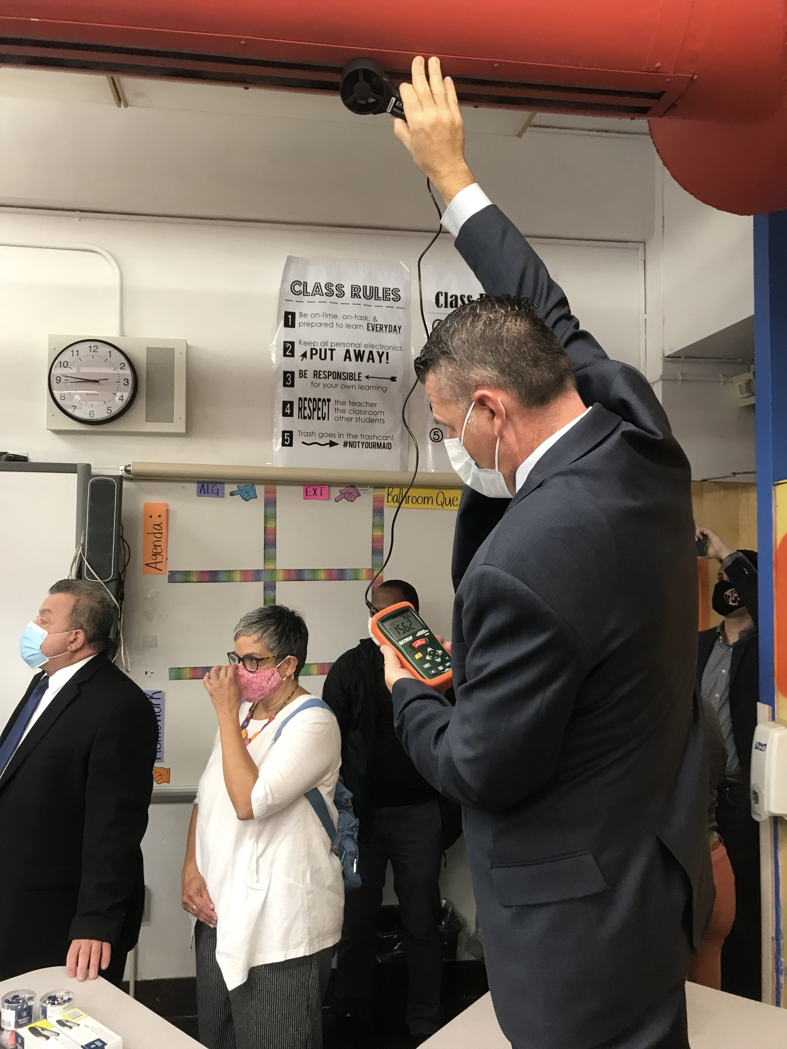 School custodian engineers will use handheld devices called anemometers to measure air flow in classrooms.