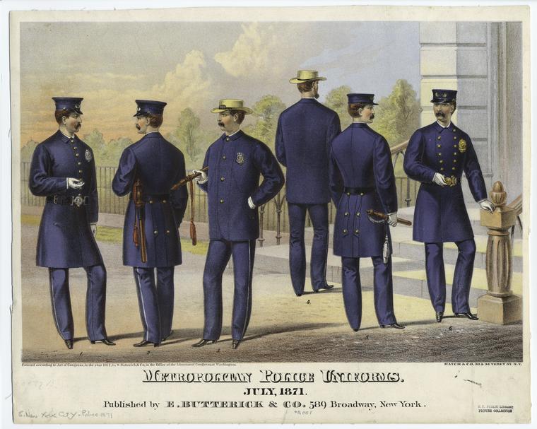 A sketch of 1870s police officers in their blue uniforms