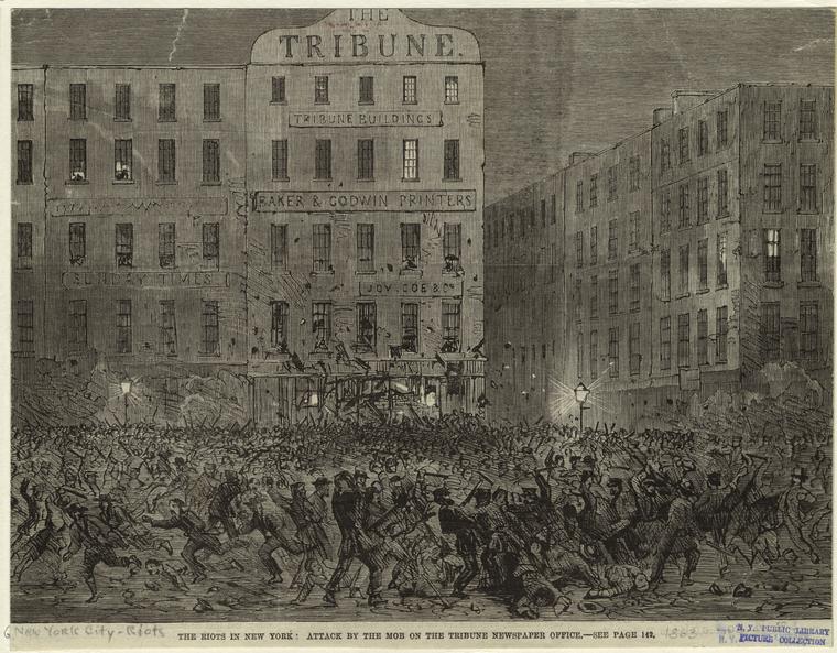 "Attack by the mob on the Tribune newspaper office."
