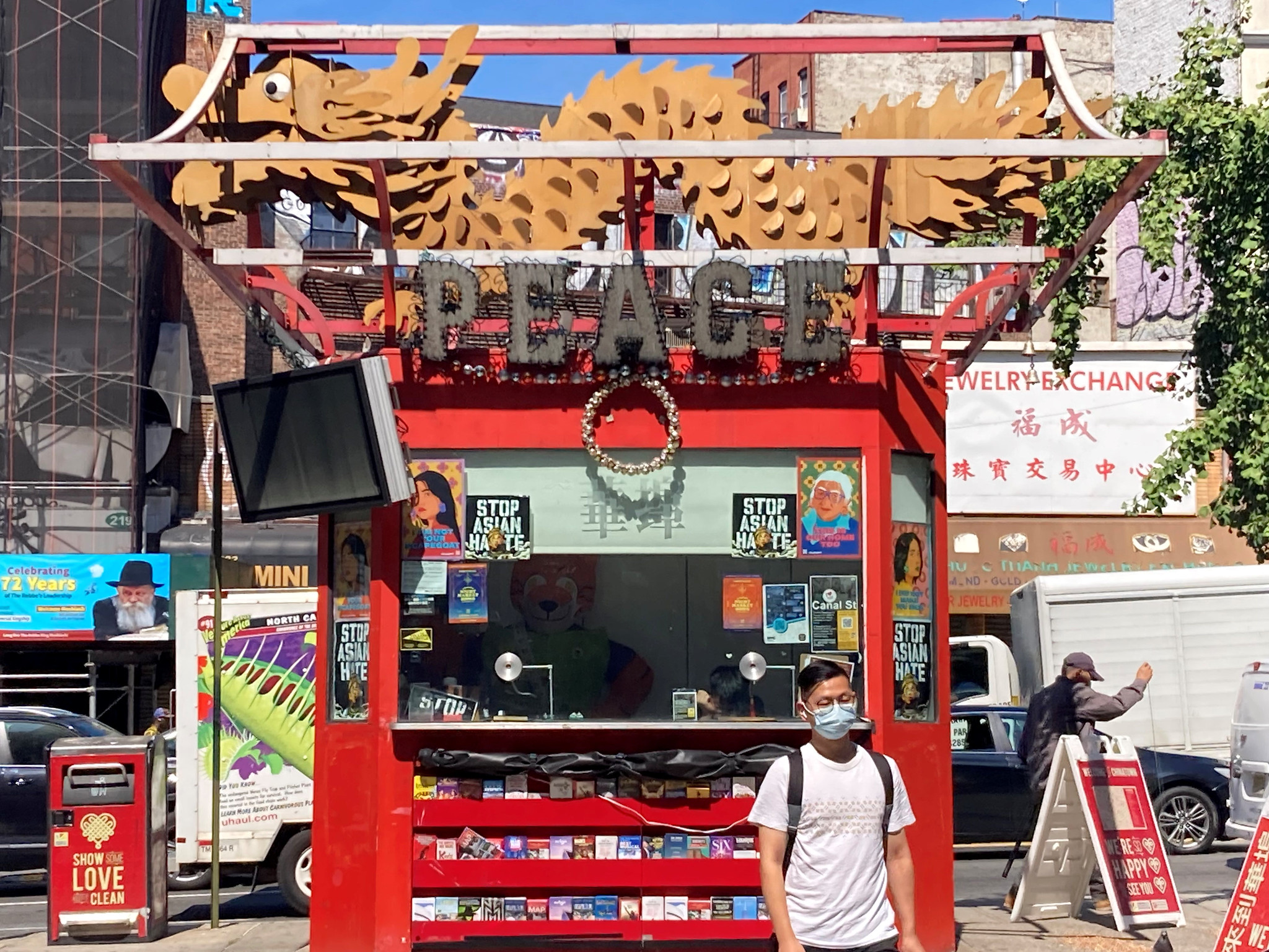 a red kiosk in Chinatown