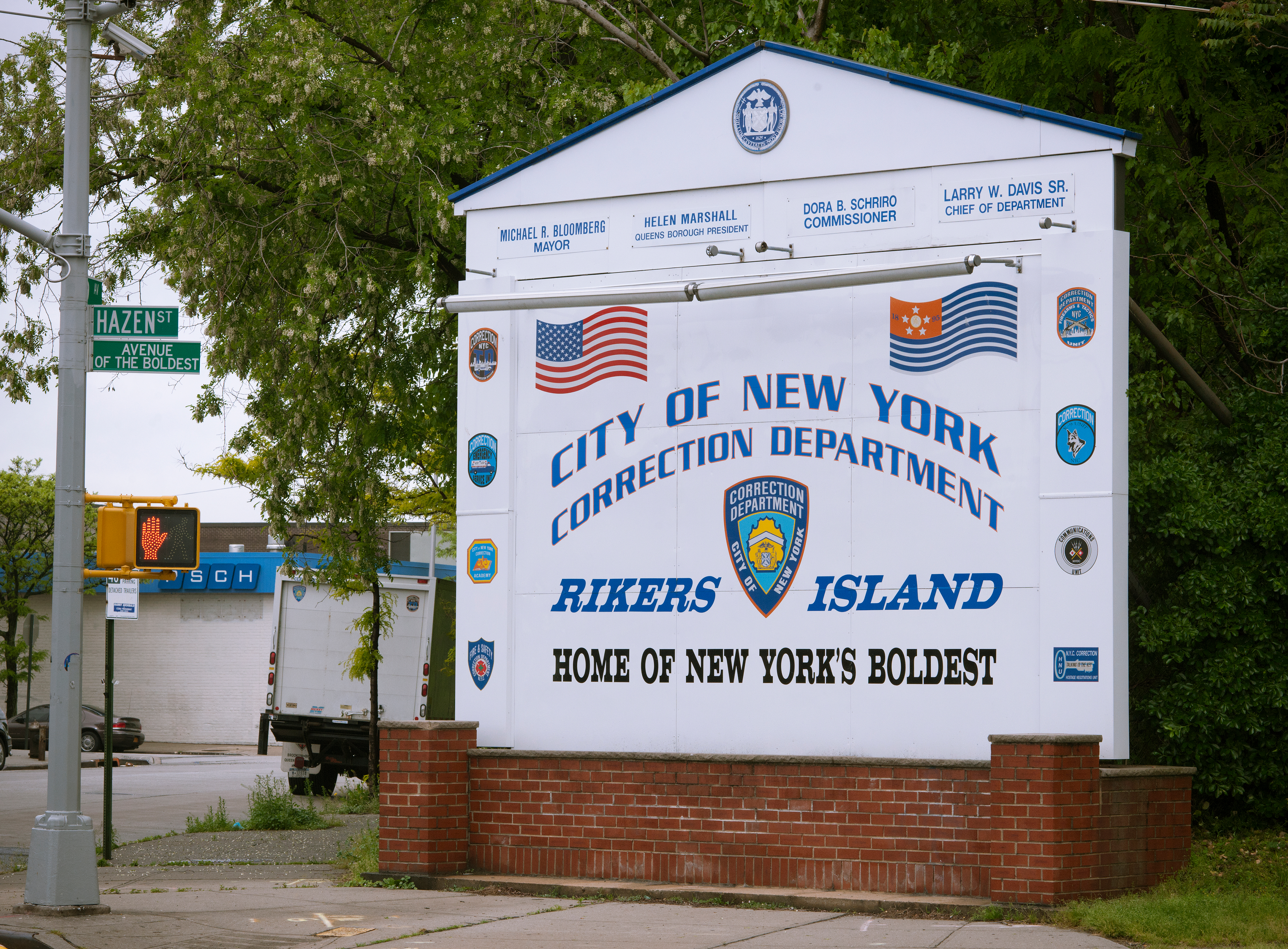 A sign at the entrance to Rikers Island.