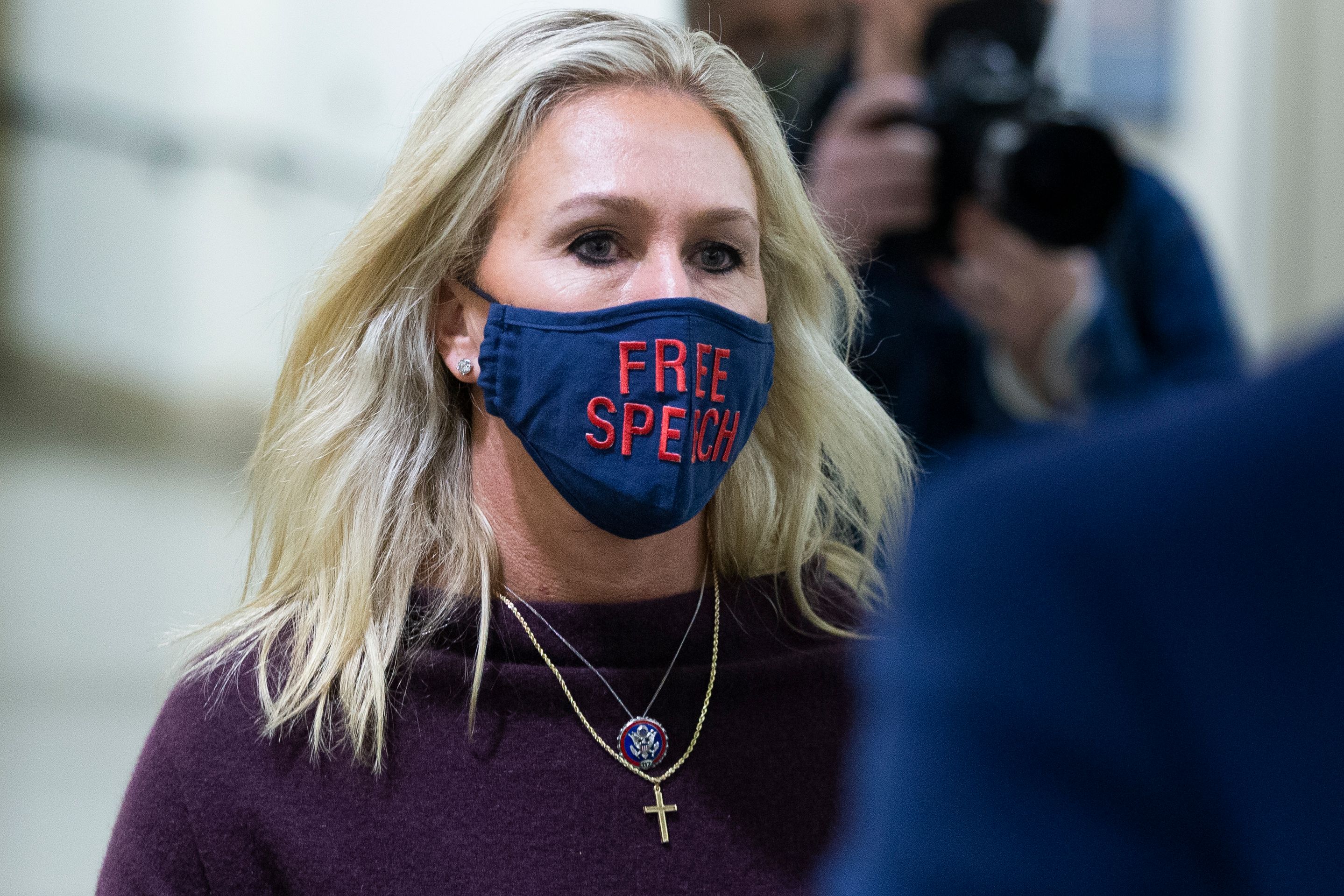 Republican Representative from Georgia Marjorie Taylor Greene walks on Capitol Hill in Washington, DC, USA, 04 February 2021. The House voted to strip Greene of her two committee assignments over her support of conspiracy theories and remarks embracing violence.