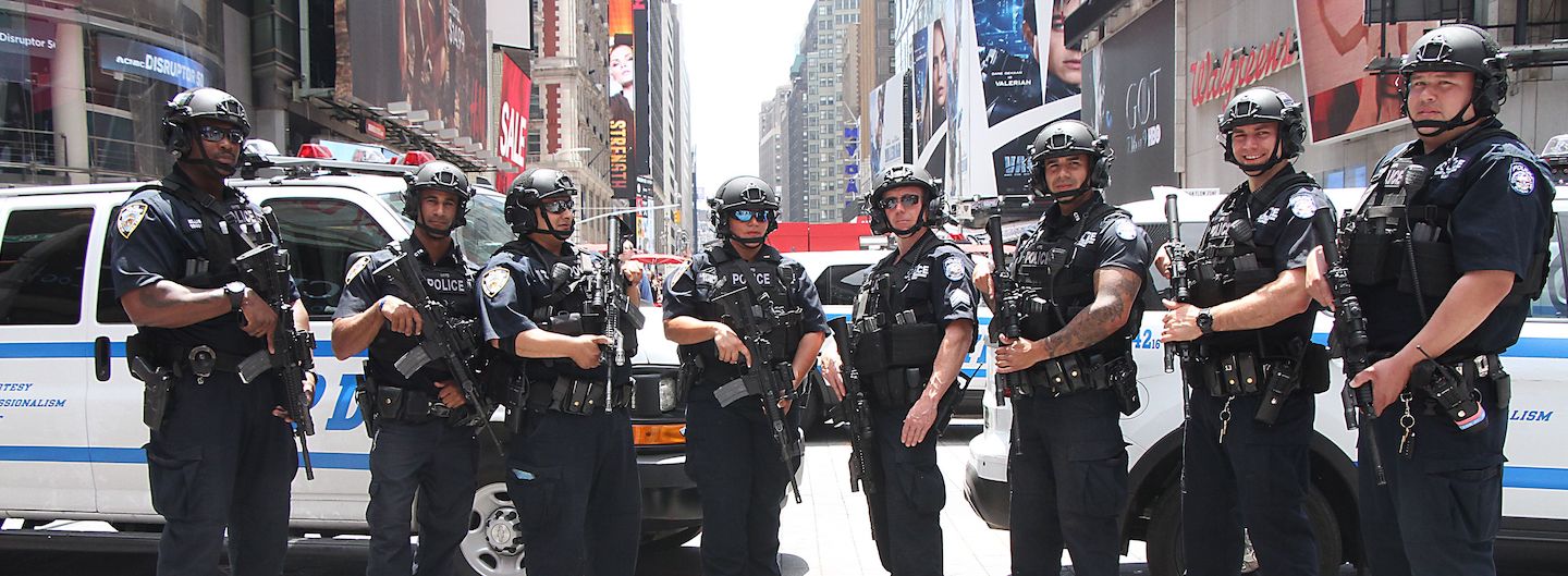 Officers from the NYPD Counterterrorism Bureau stand in Times Square.