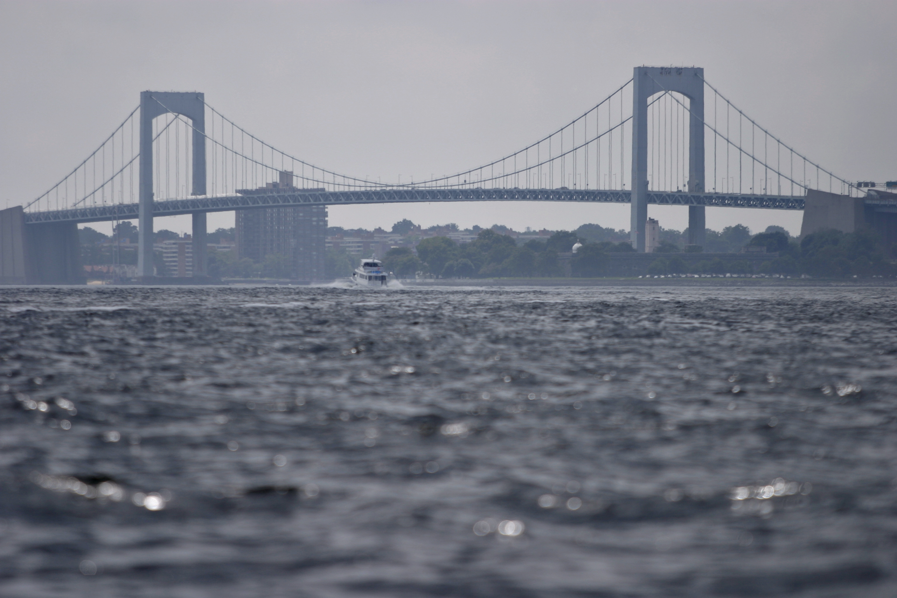 Throgs Neck Bridge connects the Bronx and Queens, running over where the East River meets the Long Island Sound, August 11, 2003