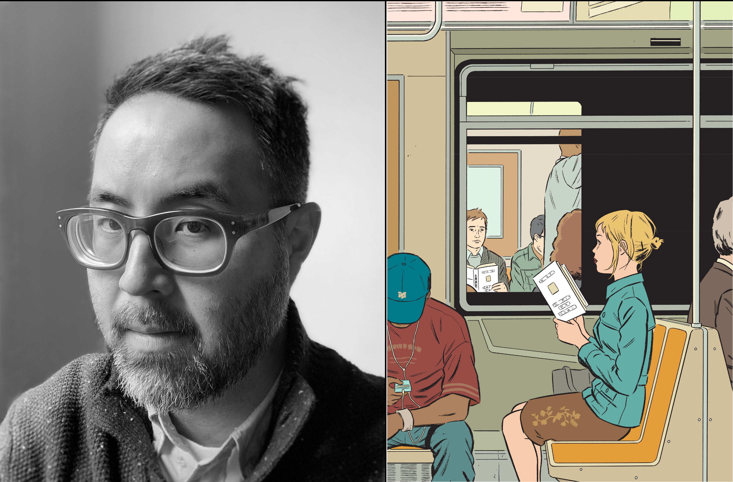 A photo of Adrian Tomine and his New Yorker cover "Missed Connection"