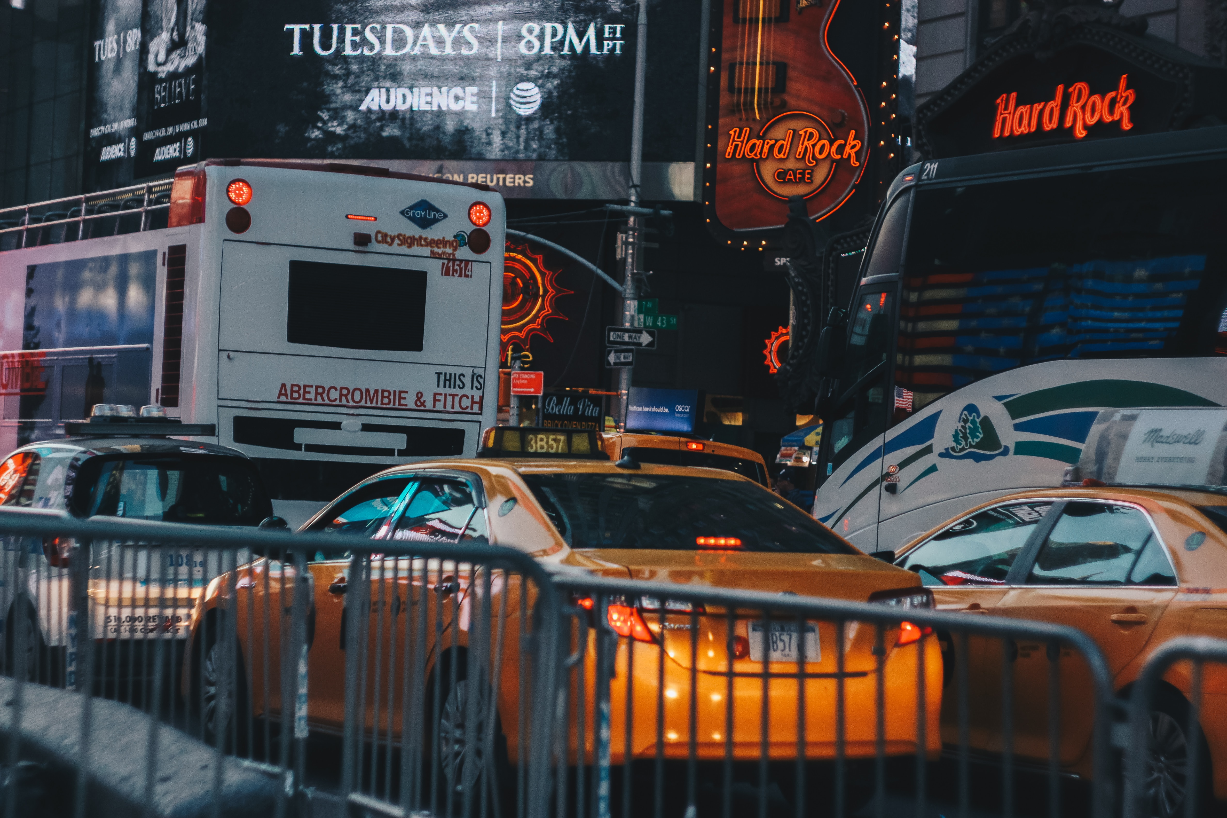 Vehicles in traffic at Times Square.